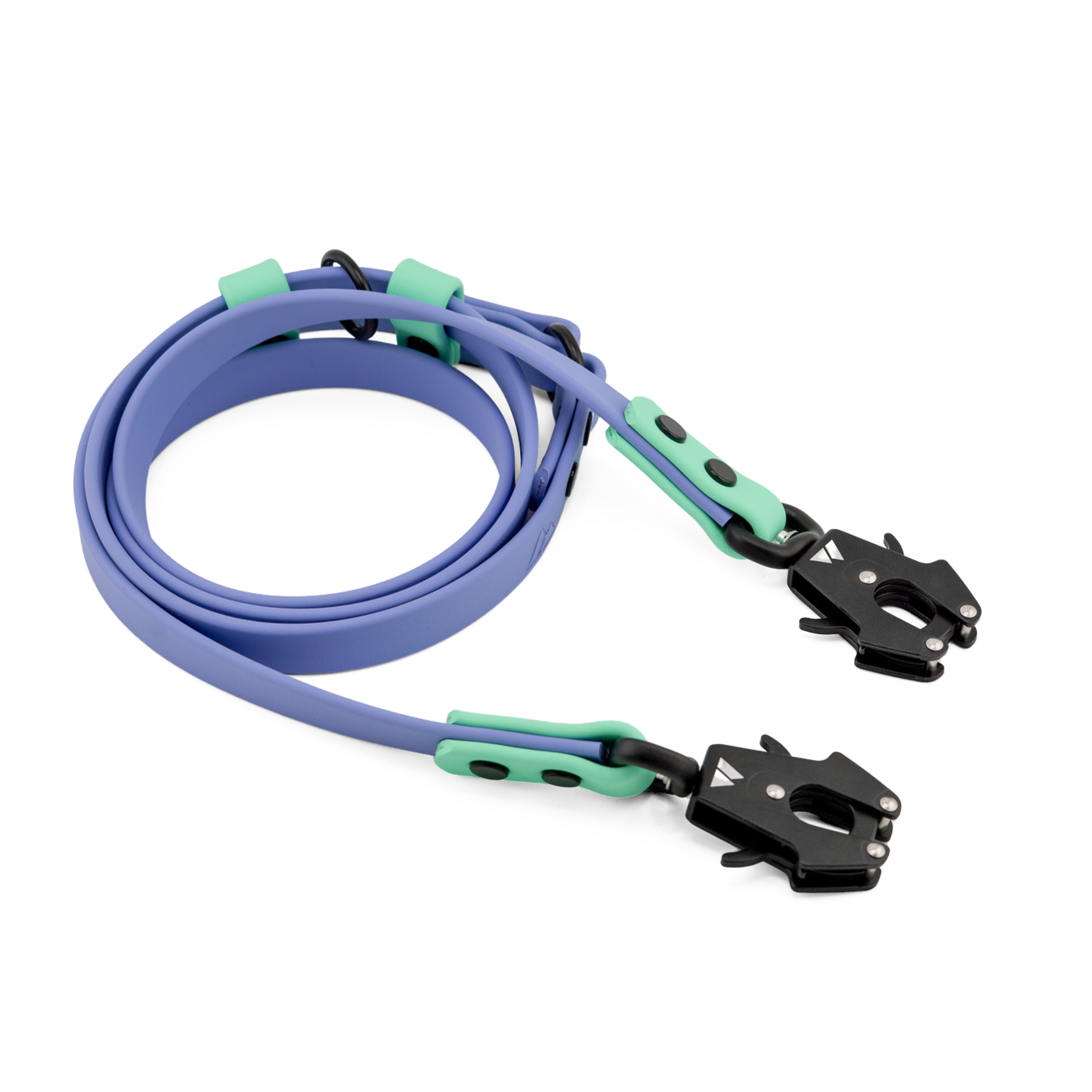 Atlas BioThane Hands-Free Leash in blue with adjustable clips, designed for high-drive dogs and outdoor adventures.