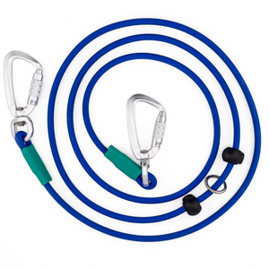 Hands-free BioThane® rope leash in blue with carabiners, ideal for active dog owners.