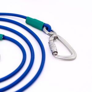 Close-up of a blue BioThane® rope leash featuring a metal carabiner and colorful grips.
