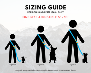 Infographic sizing guide for Eco Adjustable Length Hands-Free BioThane Leash, fitting users 4' to 6' with adjustable lengths of 5 to 10 feet.