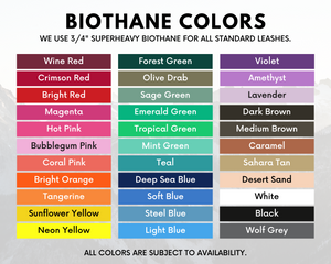 Color chart for biothane leashes showcasing 20 vibrant options and availability notes.