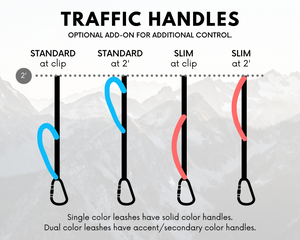 Traffic handle options for dog leashes showing standard and slim designs in single and dual colors.