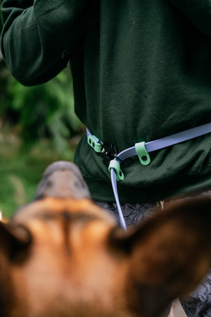 Person using the Atlas BioThane Hands-Free Leash with adjustable straps while walking a dog.