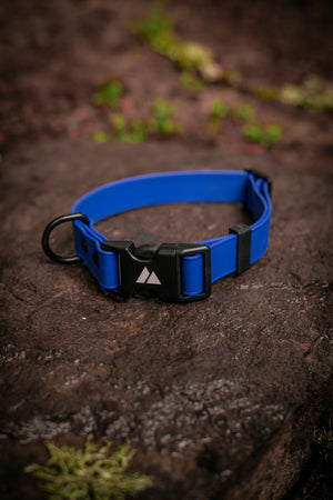 ECO Adjustable BioThane Dog Collar in blue on a rocky surface showcasing its durability and adjustability.