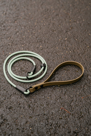 Hybrid Handle BioThane® Rope Slip Lead in two-tone green and brown, designed for comfort and durability.
