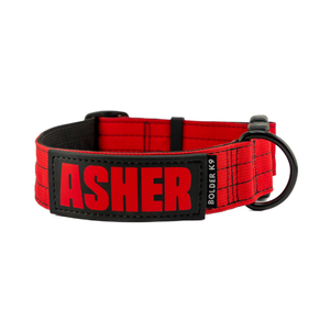 Recon 1.5" Tactical Dog Collar in red with bold lettering for everyday use and training.