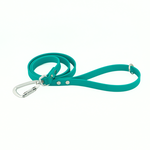 Eco BioThane® dog leash in teal color with sturdy carabiner, designed for durability and minimalist style.
