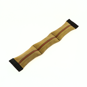 Squeaky snake dog toy made from upcycled firehose, designed for tough chewing and interactive play.