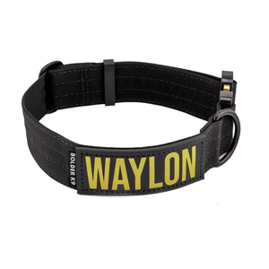 Vanguard 1.5" Tactical Dog Collar with custom name tag Waylon, heavy-duty design for reliable performance.