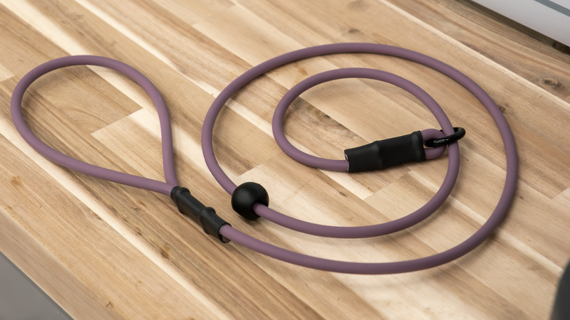 handmade biothane slip leash on wood countertop