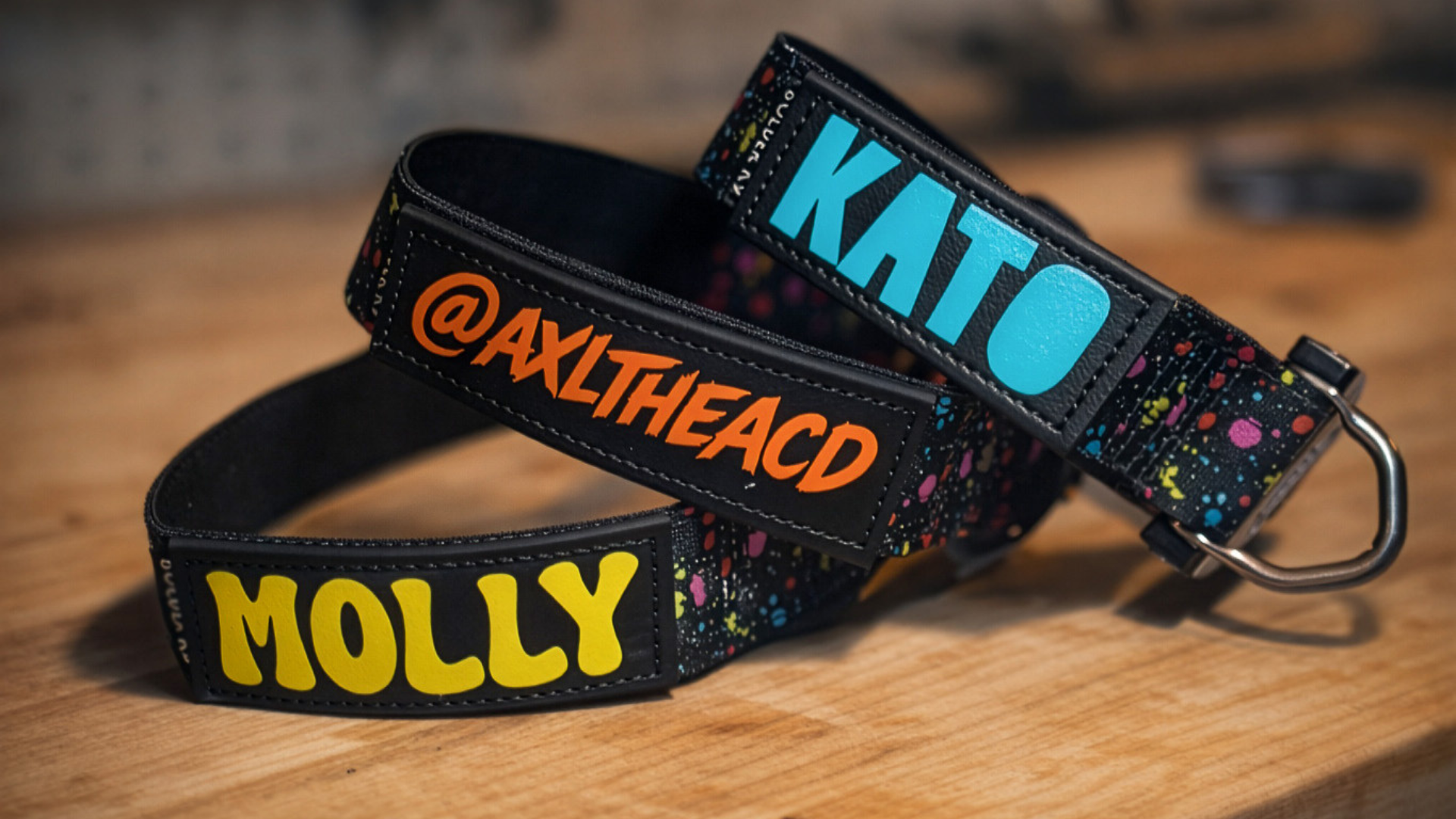 tactical dog collar with splatter print on workbench