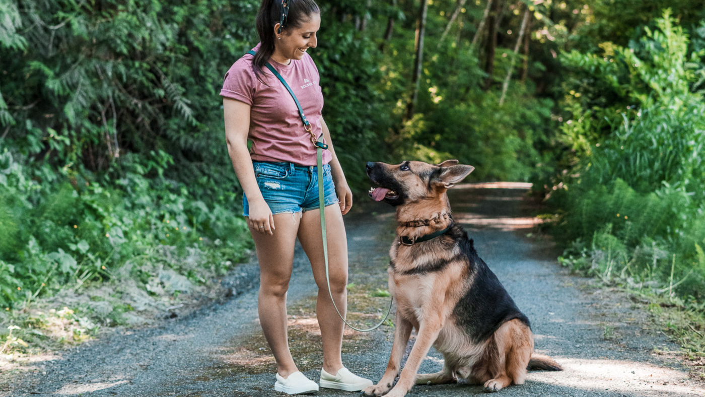 woman standing in a green environment with her german shepherd on a hands free dog leash