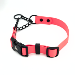 ECO 1" Adjustable BioThane Martingale collar in bright pink with black chain and buckle.