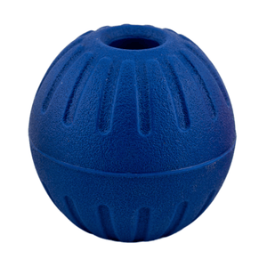 Blue durable EVA foam dog ball with center hole for safe play.