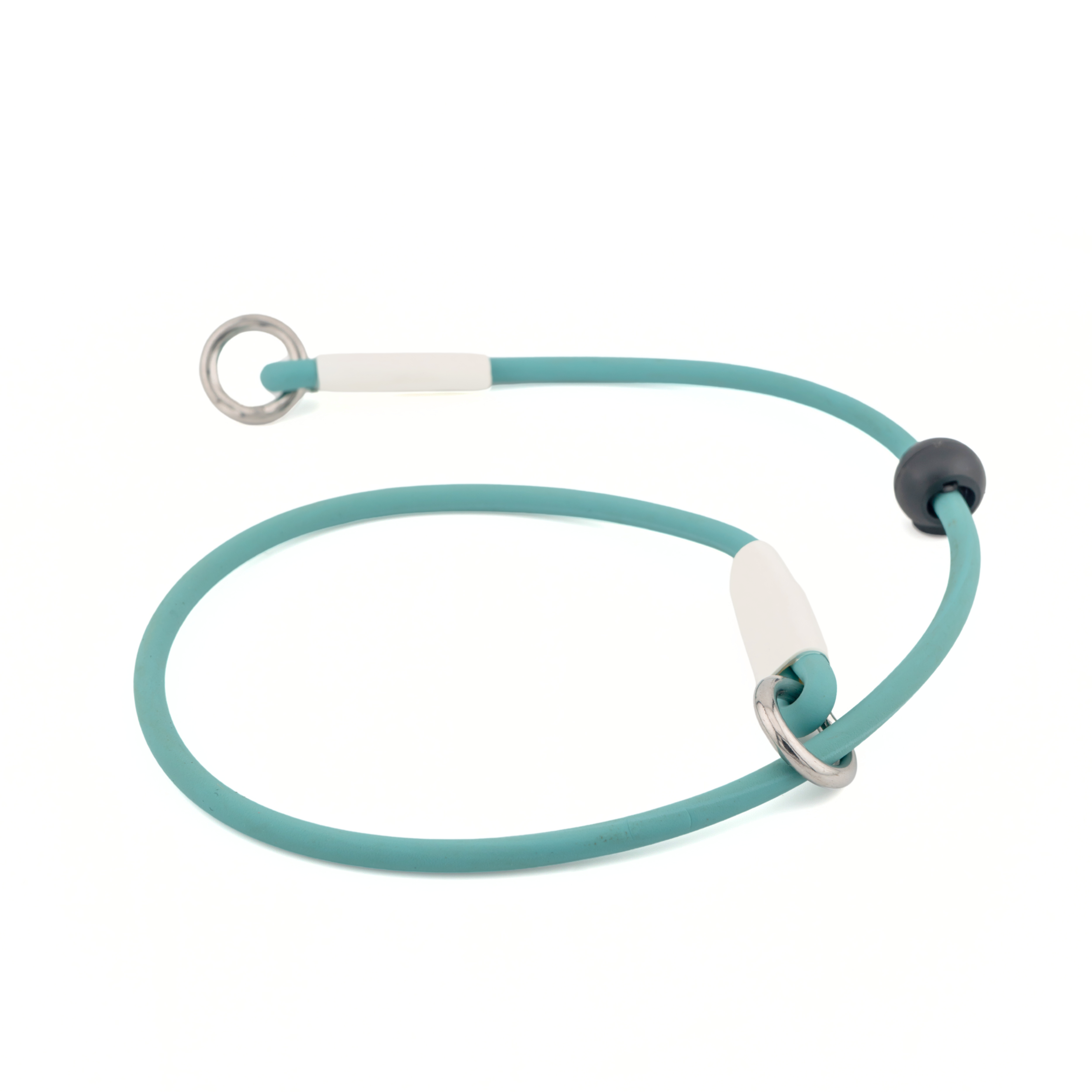 BioThane® rope slip lead collar in teal with silver metal rings, waterproof and odor-resistant for dog training.