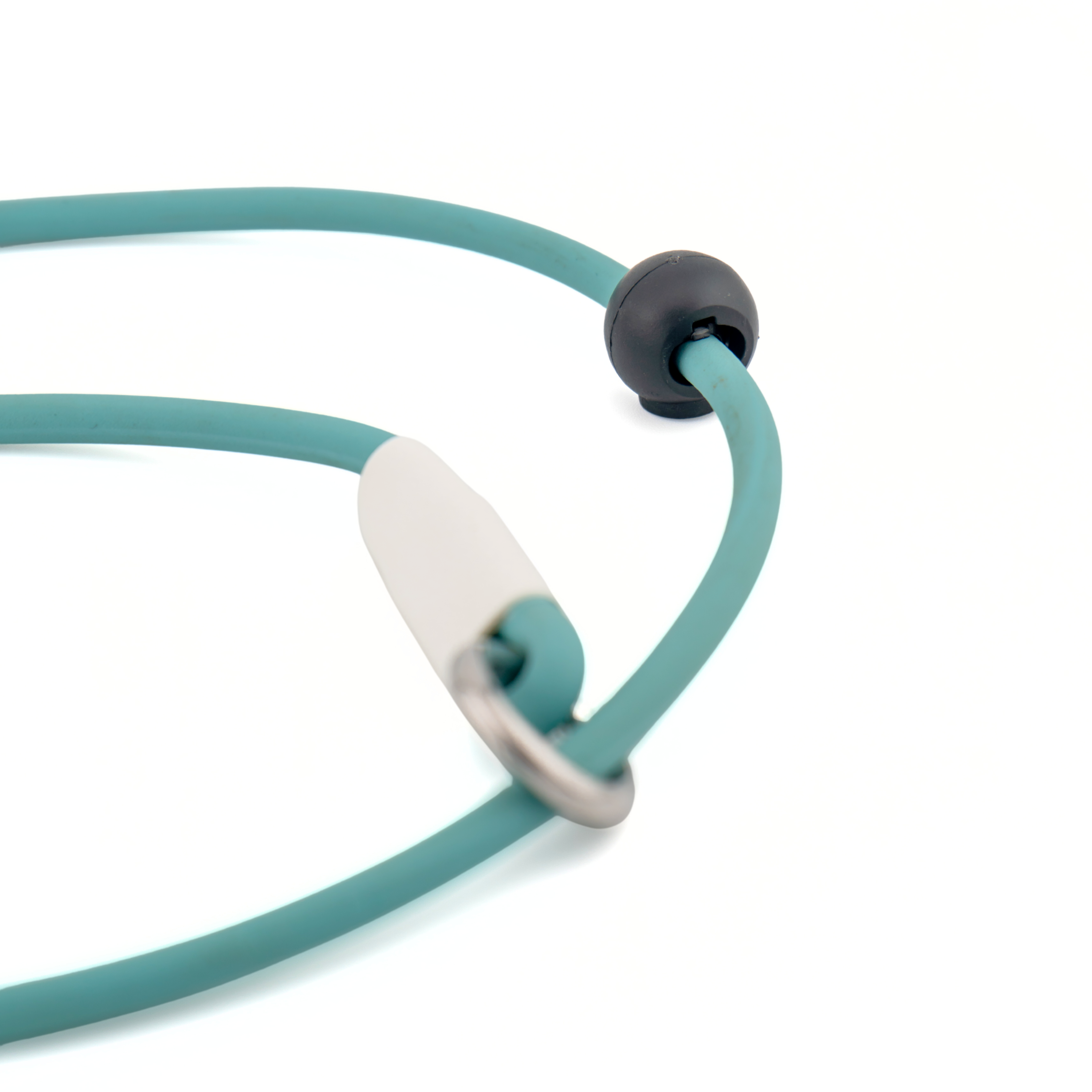 Close-up of a teal BioThane® rope slip collar, featuring a built-in stopper and metal ring for secure fit and easy handling.