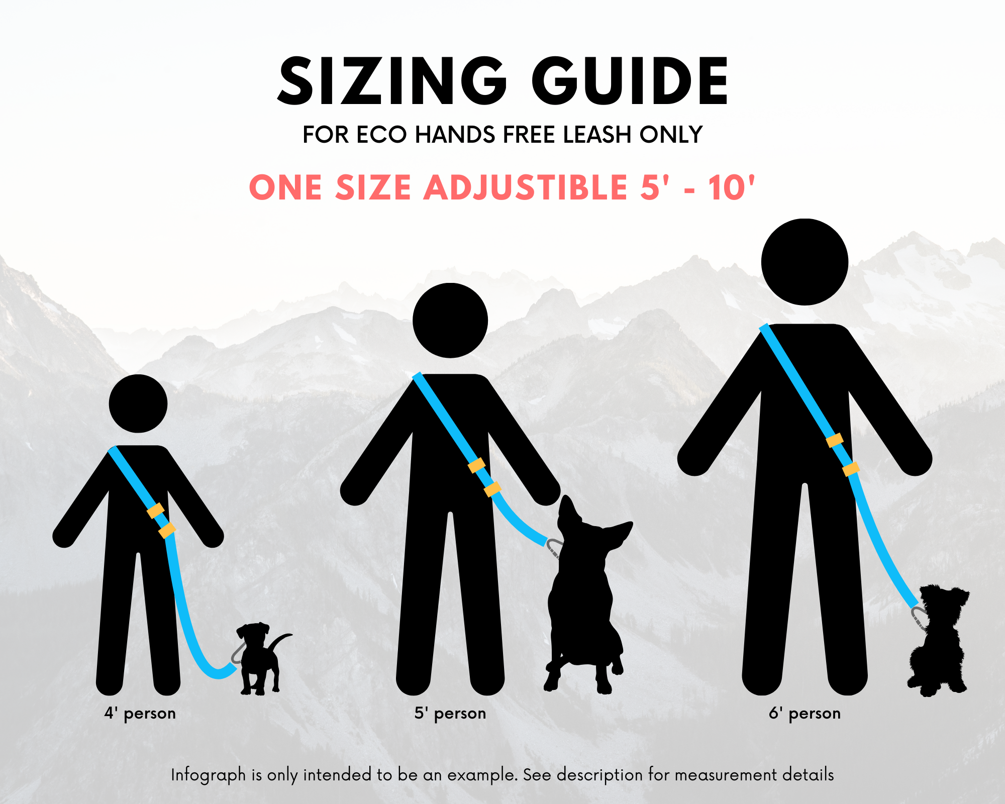 Infographic sizing guide for Eco Adjustable Length Hands-Free BioThane Leash, fitting users 4' to 6' with adjustable lengths of 5 to 10 feet.