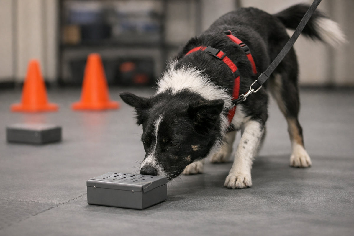 Dog actively searching for scent during nosework training