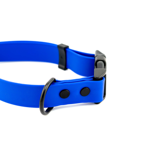 ECO Adjustable BioThane Dog Collar in blue with black buckle and adjustment features.