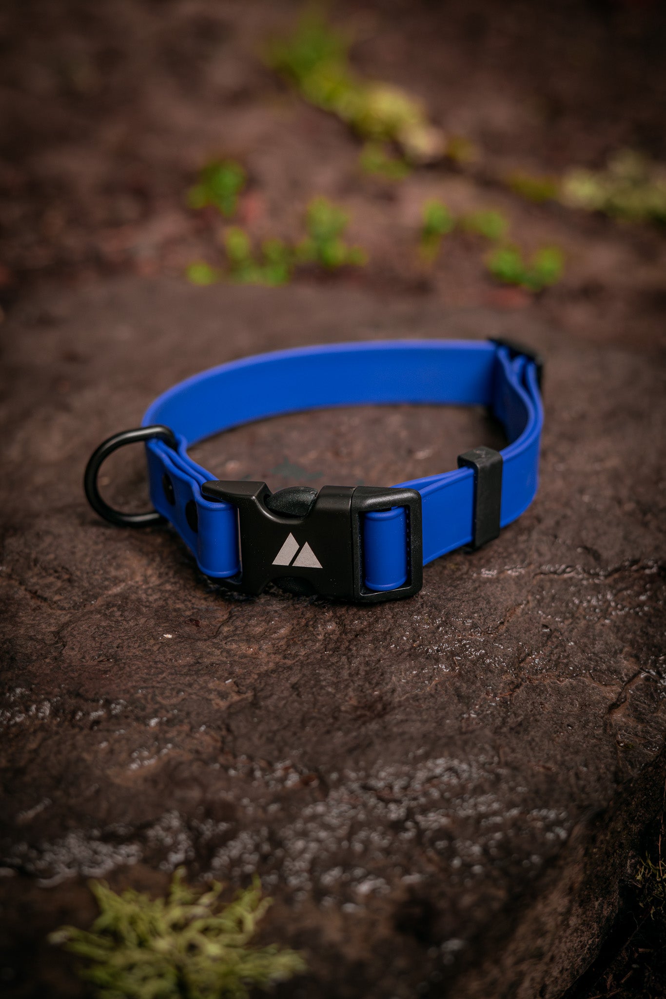ECO Adjustable BioThane Dog Collar in blue on a rocky surface showcasing its durability and adjustability.