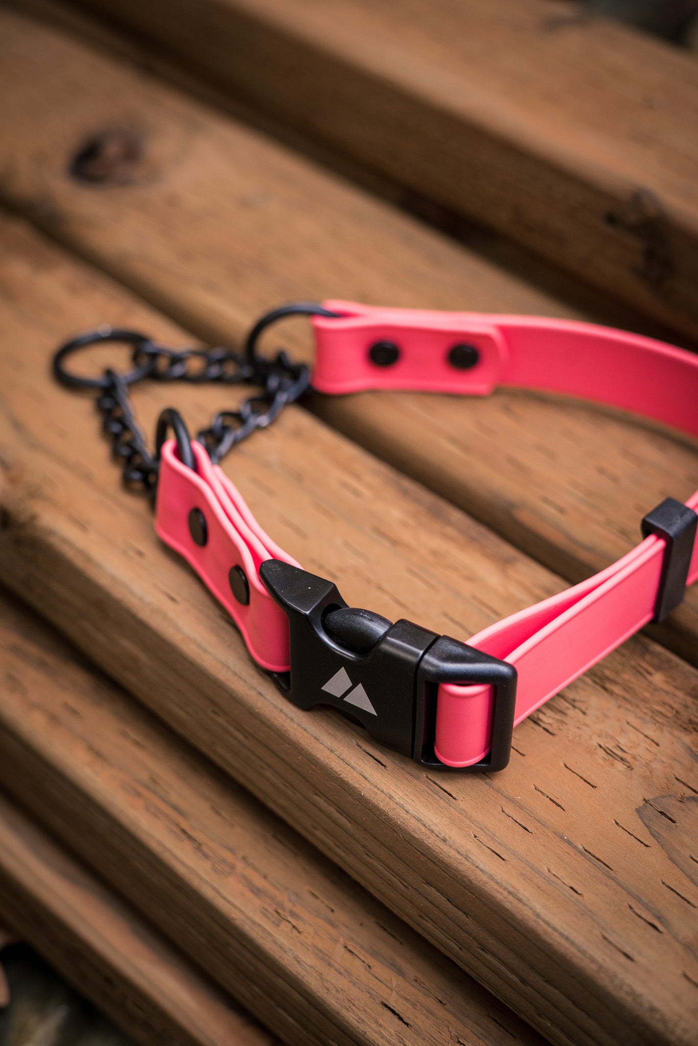 ECO 1" Adjustable BioThane Martingale on wooden surface, showcasing its pink design and metal chain.