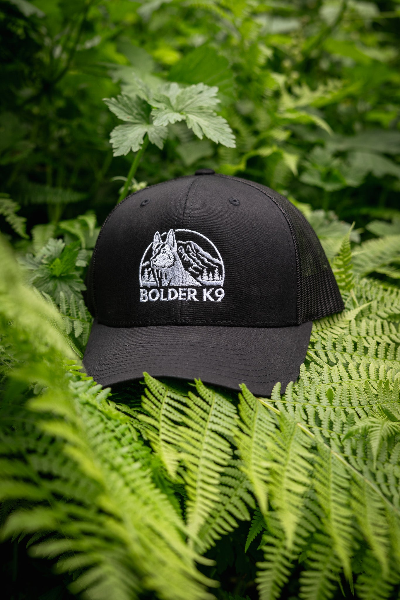 Bolder K9 trucker hat nestled in lush ferns, showcasing rugged adventure style and comfort.