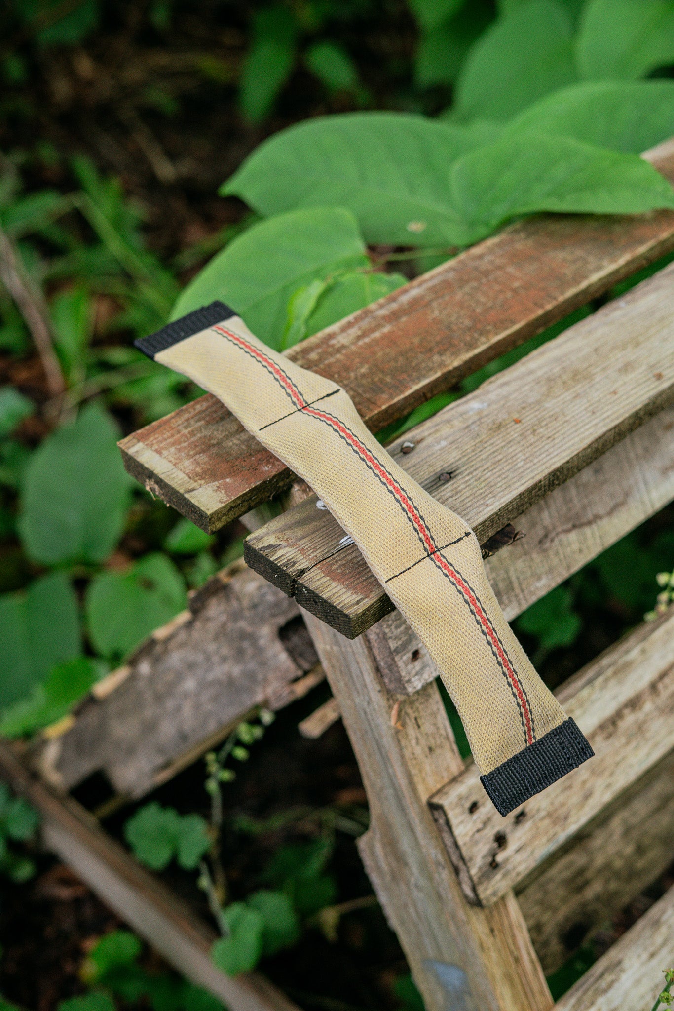 Squeaky snake dog toy made from upcycled firehose, placed on a wooden surface surrounded by greenery.