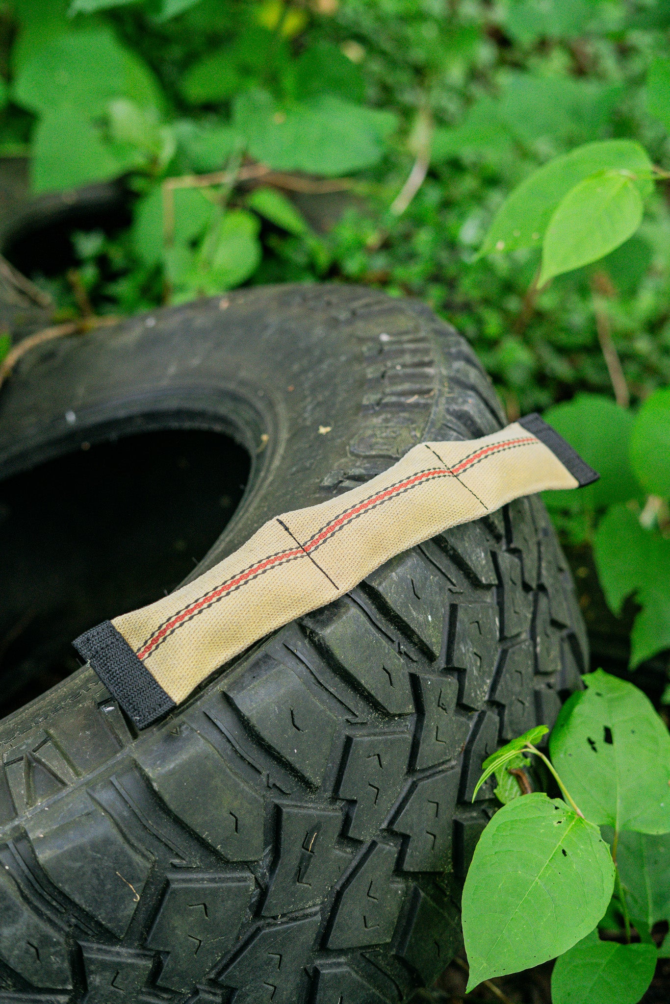Upcycled firehose dog toy resting on a rugged tire amidst greenery, showcasing durability and eco-friendliness.