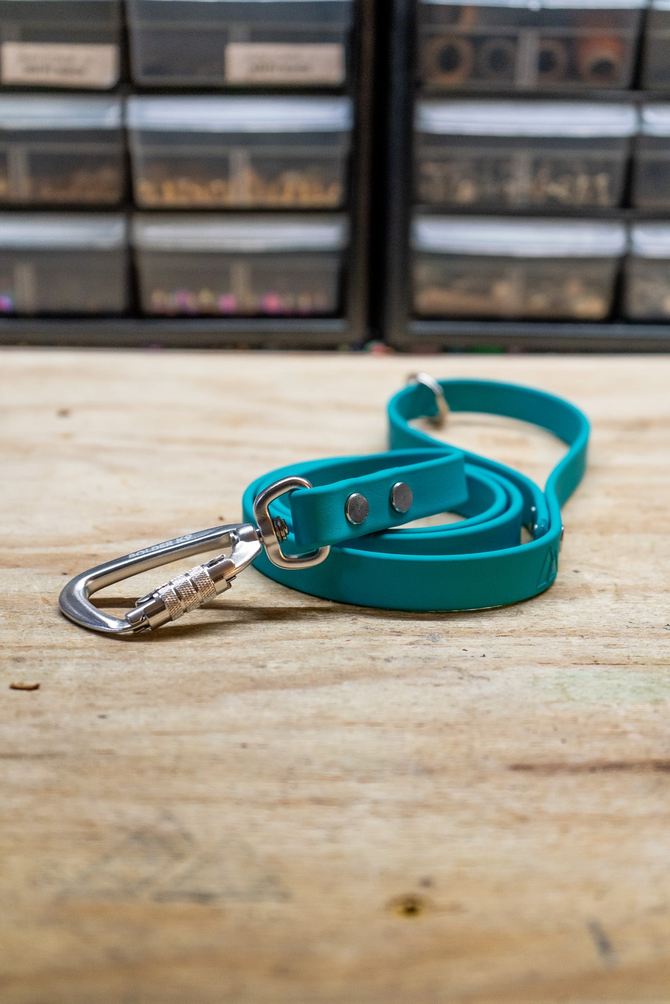 Eco BioThane® dog leash in teal color, featuring a durable carabiner clasp on a wooden surface.