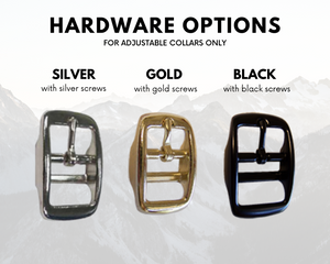 Three hardware options for adjustable collars: silver with silver screws, gold with gold screws, and black with black screws.