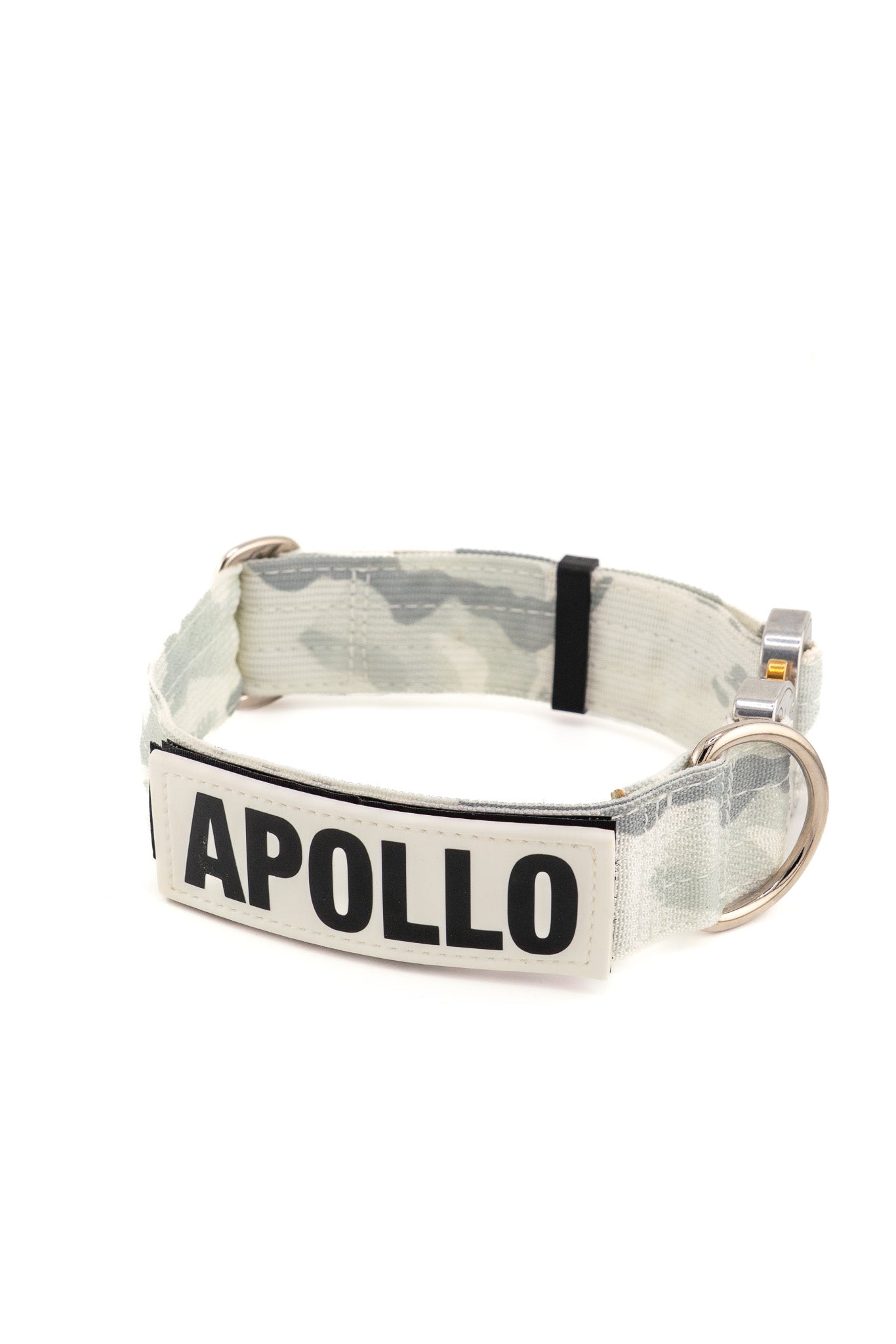 Vanguard 1.5" Tactical Dog Collar in camo with a name patch for durability and strength.