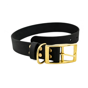 Voyager Extra Wide BioThane 1.5" adjustable collar with gold hardware and black design.