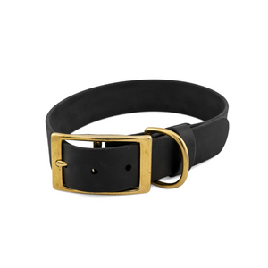 Voyager Extra Wide BioThane 1.5" adjustable collar with brass hardware in black, combining strength and timeless style.