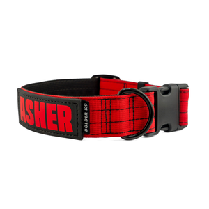 Recon 1.5" Tactical Dog Collar in red with Bolder K9 branding, designed for durability and everyday use.