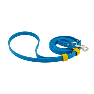 Eco adjustable length BioThane leash in vibrant blue, offers hands-free convenience and stylish design.