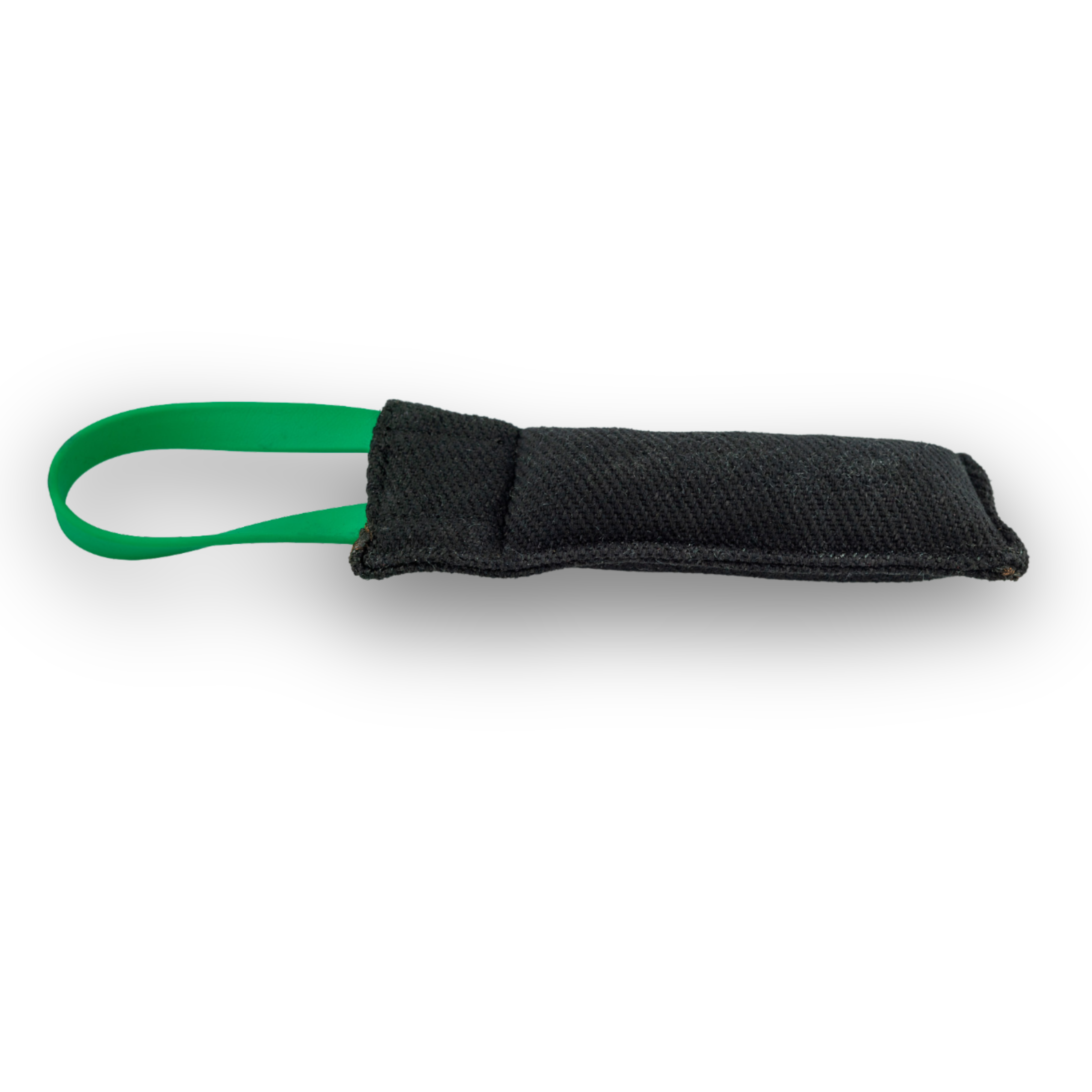 Pocket French linen bite tug with green BioThane handles, handcrafted for dog training and play.