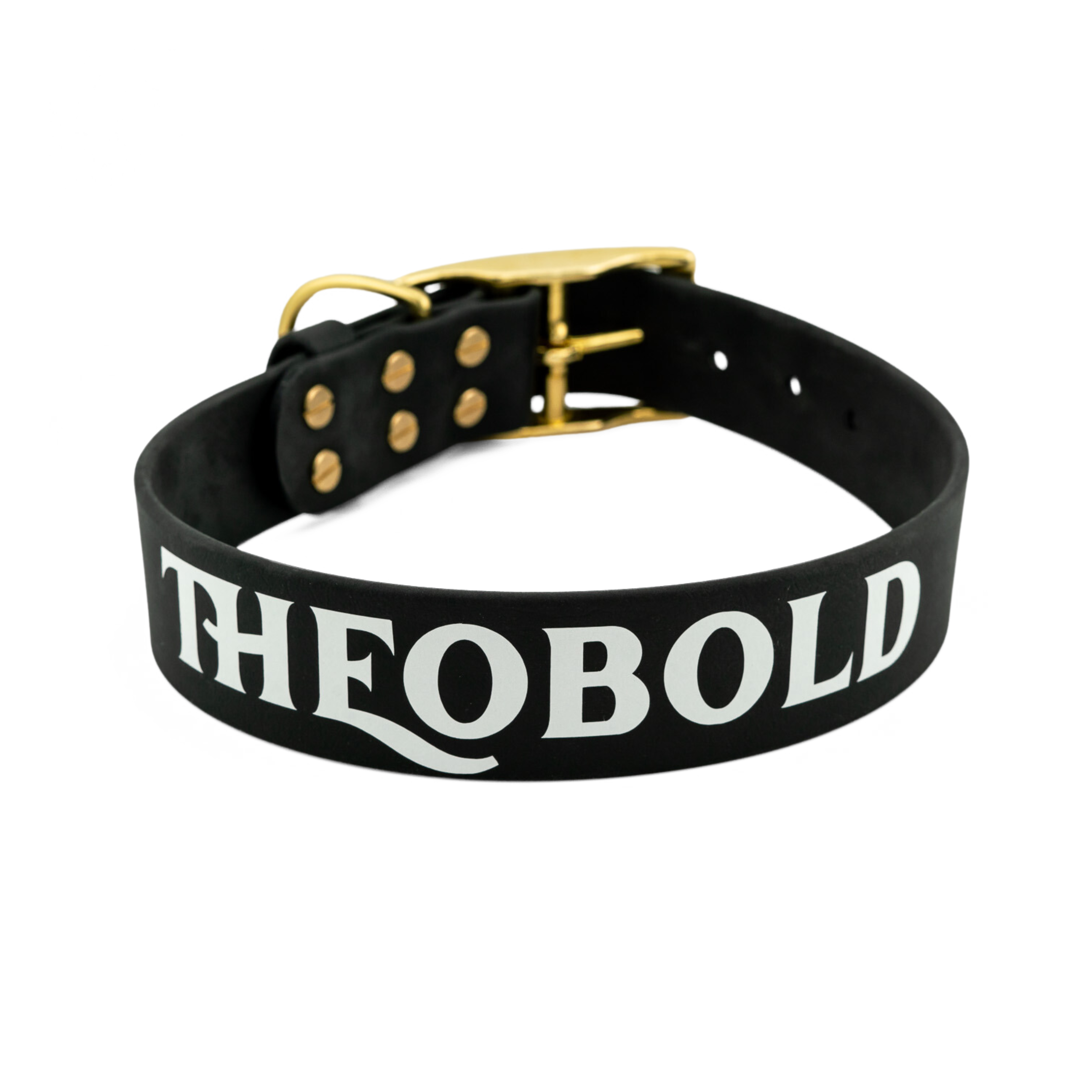 Voyager Extra Wide BioThane 1.5" Adjustable Collar in black with gold hardware and custom name THEOBOLD.