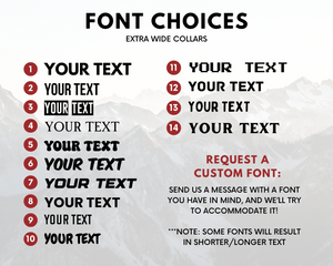 Various font choices for Voyager Extra Wide BioThane collars with a scenic mountain background.