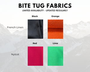 Bite tug fabric options: French Linen (Black, Orange) and Nylcot (Red, Lime) with limited availability.