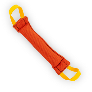 Reinforced bite tug with BioThane handles, crafted in French linen, ideal for dog training and play.