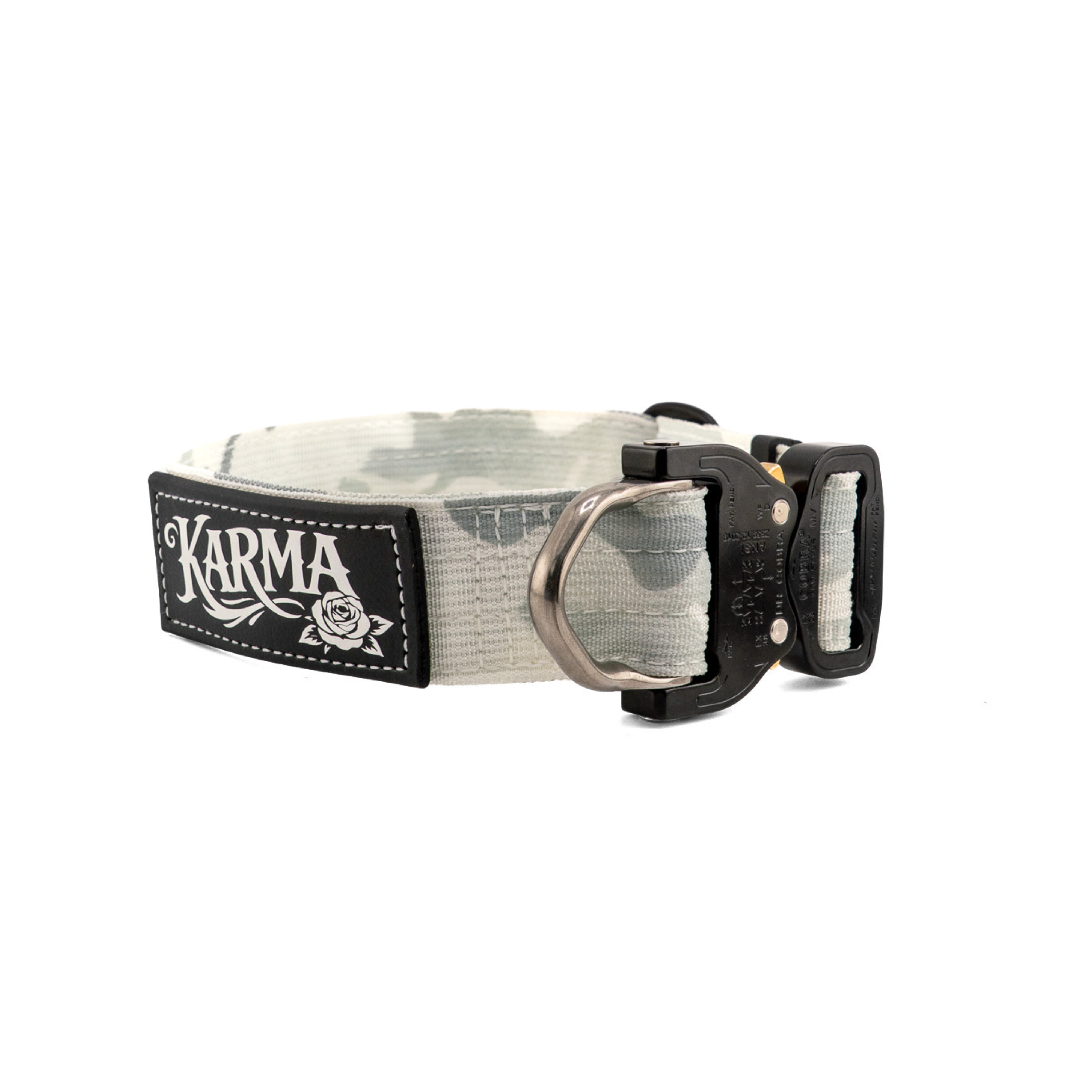 Karma tactical dog collar featuring a durable design with a black buckle and stylish branding.