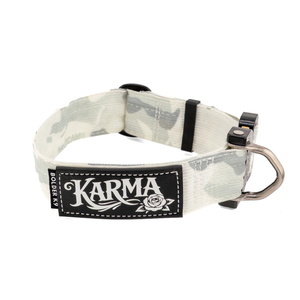 Karma tactical dog collar featuring a stylish design and strong metal buckle, perfect for active dogs.