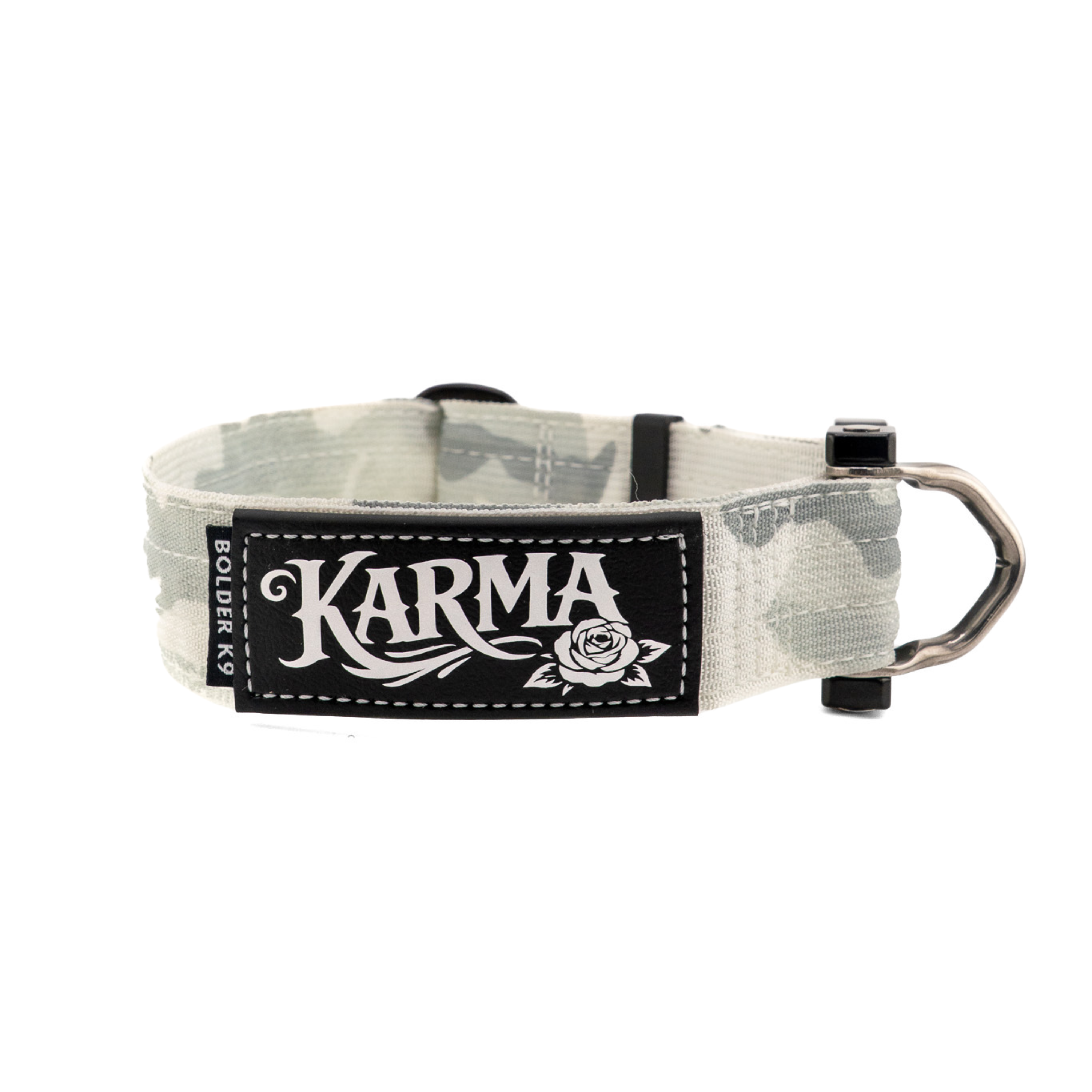 Karma tactical dog collar featuring a sturdy design and camouflage pattern for durability and style.