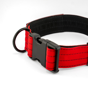 Recon 1.5" Tactical Dog Collar featuring durable red design with a secure buckle and metal D-ring for attachment.