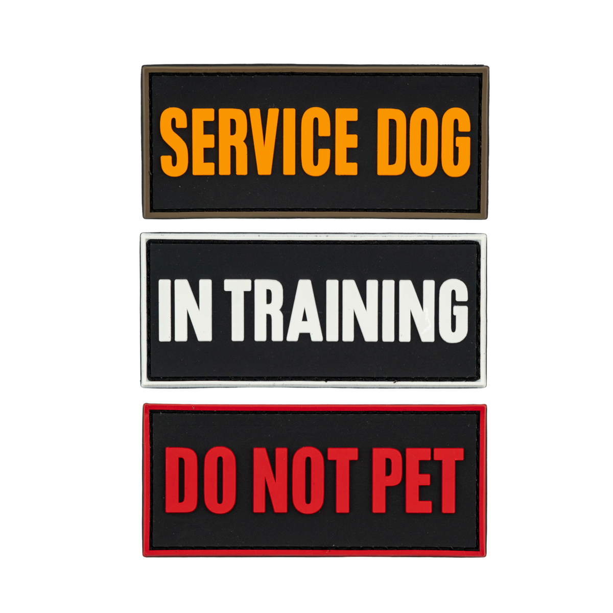 Three PVC dog harness patches: "SERVICE DOG," "IN TRAINING," and "DO NOT PET" for customizable pet gear.