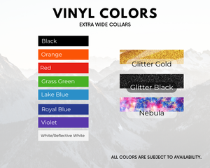 Color chart for Voyager Extra Wide BioThane collars, showcasing various color options including Glitter Gold and Nebula.